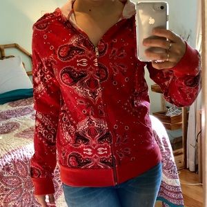 Red Bandana Patterned Zipper Hoodie